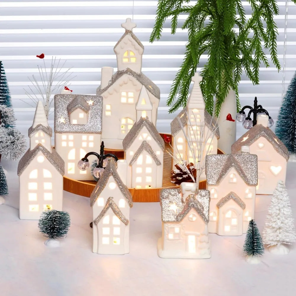28 Piece Ceramic Christmas Village Set, 9 White Christmas Houses, 17 Snow Trees, 2 Retro Christmas Decorations with Lights