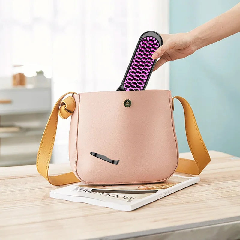 Portable Travel Thermostatic Hot Comb Hair Straightener Ceramic Heated USB Charging Fast Heating Brush Straightening Comb Curler