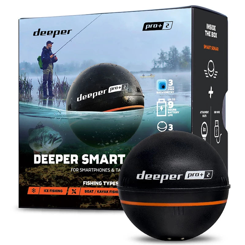 Deeper PRO Plus 2.0 Castable and Portable WiFi Fish Finder Depth Finder for Kayaks Boats on Shore Ice Fishing / Smart Sonar