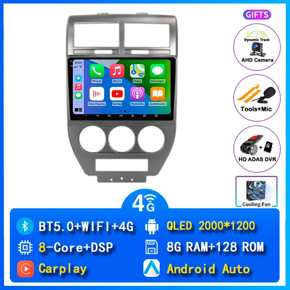 Android 14 Carplay Car Radio For Dodge Caliber Jeep Compass 1 MK Patriot 2006 - 2010 Navigation GPS Video Player wifi+4G Stereo