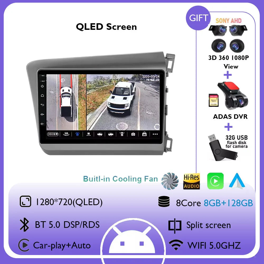 9" Android 14 Car Radio For Honda Civic RHD 2012 2013 2014 2015 Multimedia Player Carplay Auto Stereo GPS Navigation Head Unit