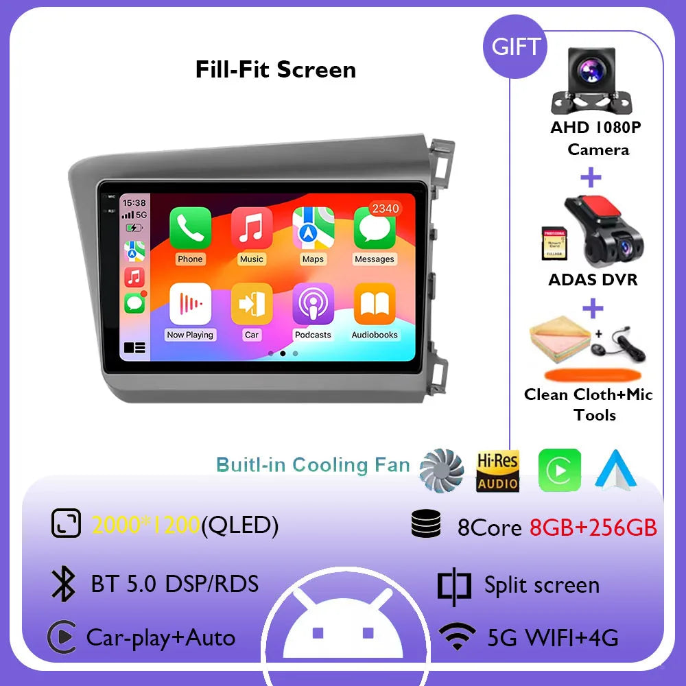 9" Android 14 Car Radio For Honda Civic RHD 2012 2013 2014 2015 Multimedia Player Carplay Auto Stereo GPS Navigation Head Unit