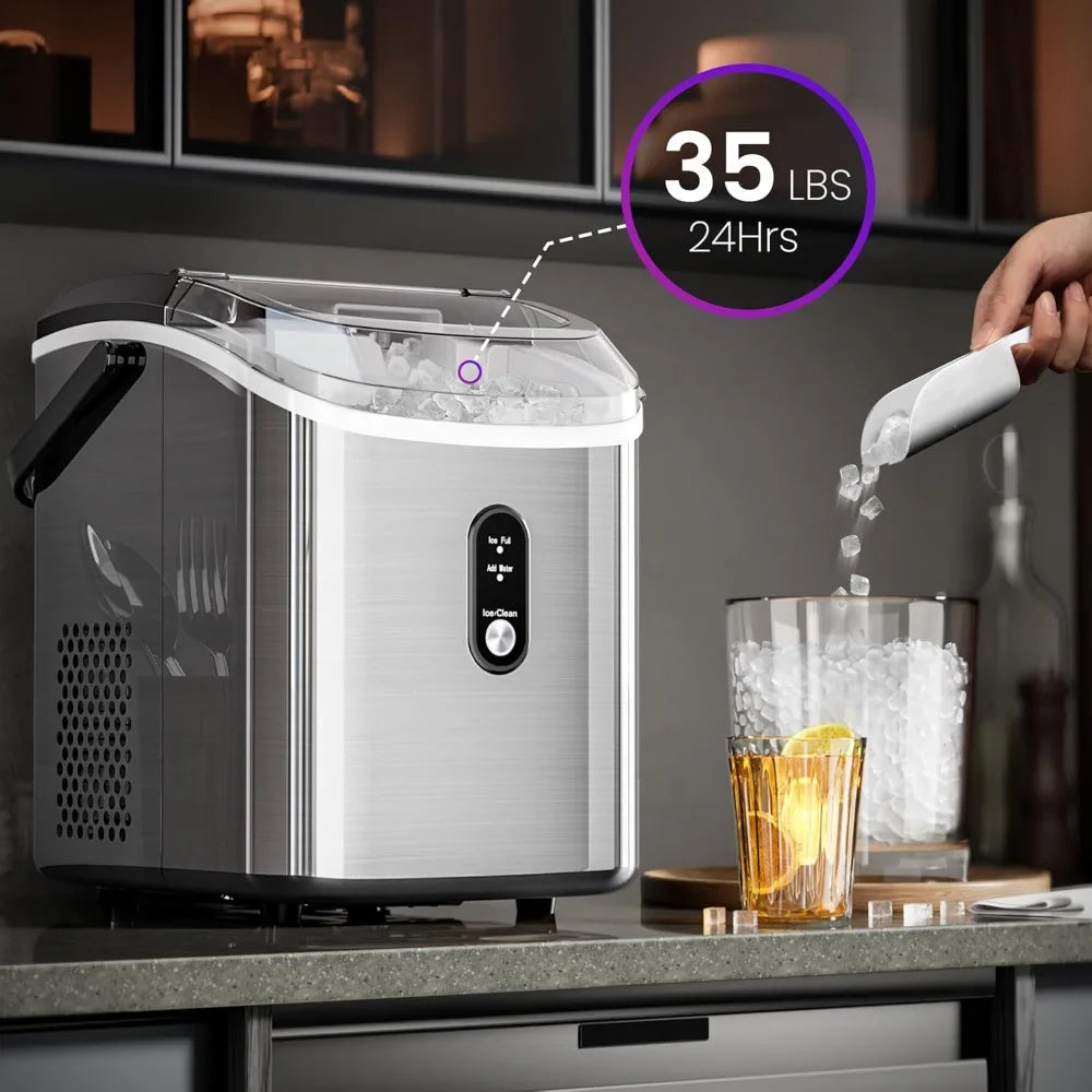 Nugget Ice Makers Countertop, Portable Sonic Ice Machine with Self-Cleaning/One-Click Operation for Home/Office(Silver)