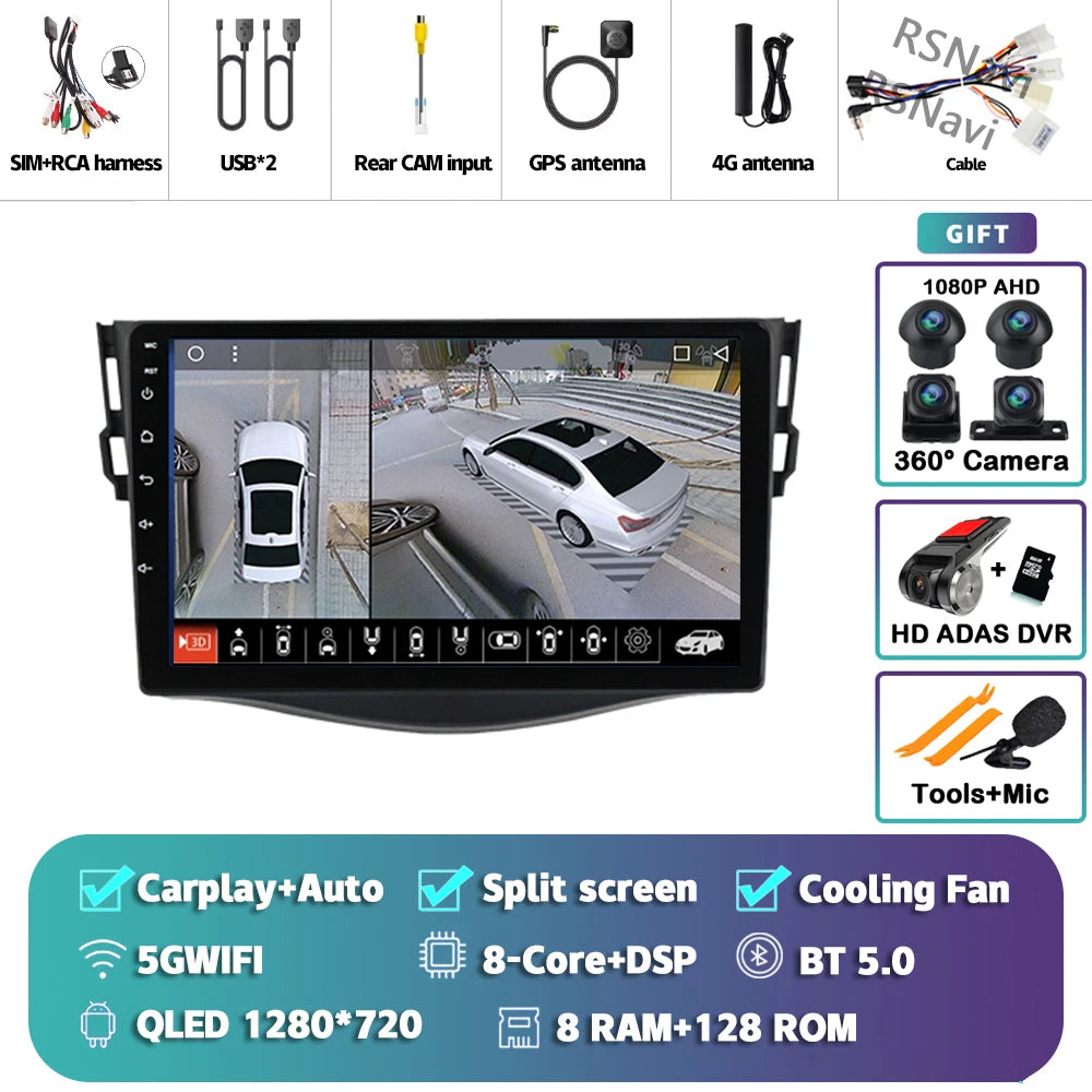 Android 14 Carplay Car Radio Multimedia For Toyota RAV4 Rav 4 2005 - 2013 navigation video DVD Autoradio Stereo 2din 4G+BT GPS