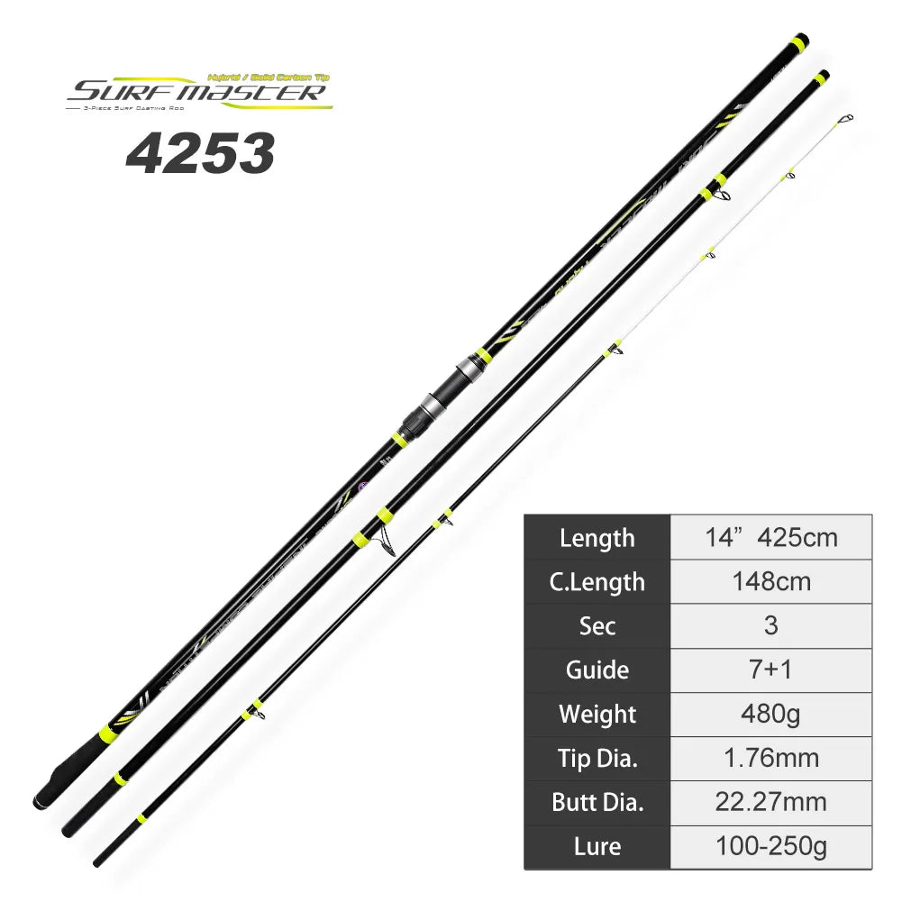 NOEBY Surf Casting Fishing Rod 4.25m 3 Section Solid Carbon Tip Fuji Guide DPS Reel Seat Sinker 100-250g Long Casting Surf Rods