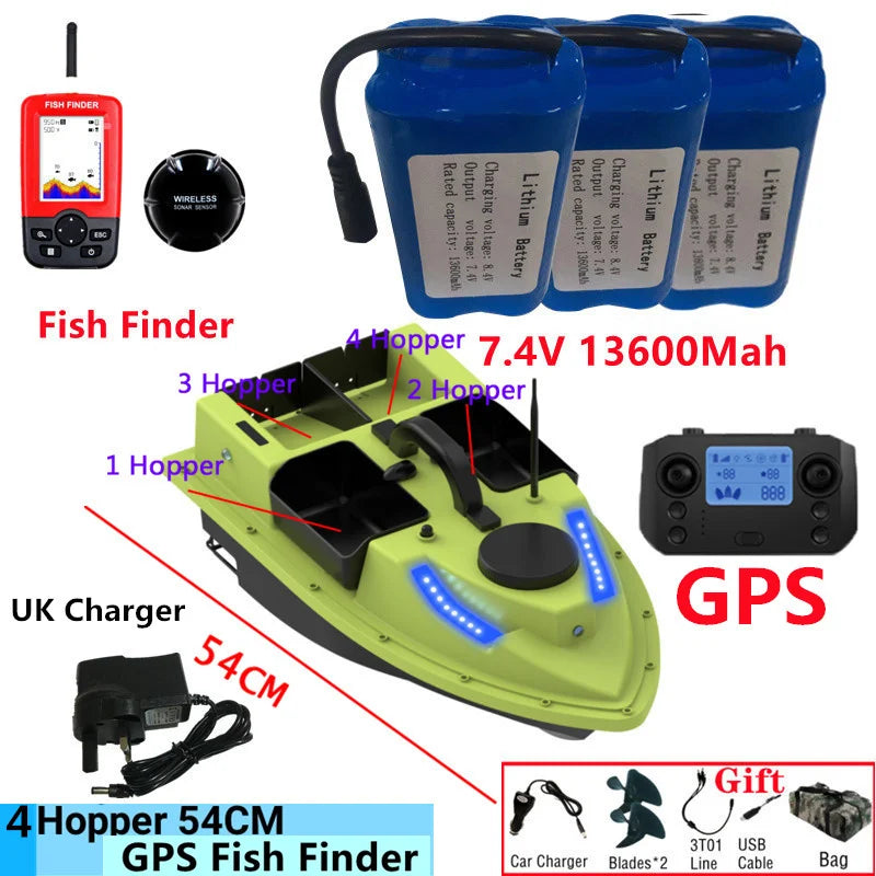 99GPS Smart Cruise Sonar Fish Finder High Speed RC Fishing Boat 4Hopper 600M 3KG Waterproof Lighting Remote Control RC Bait Boat