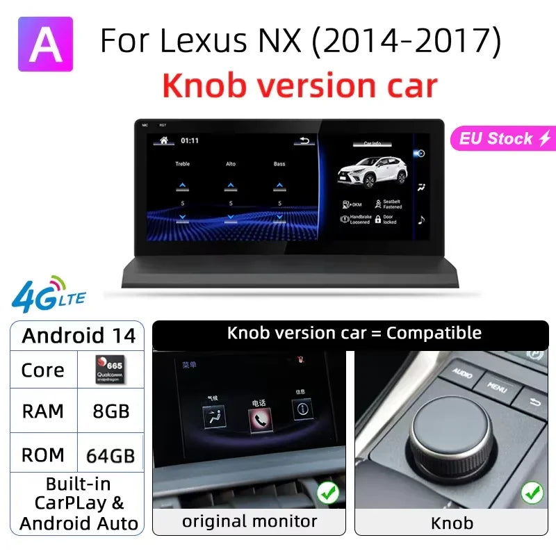 Nunoo Android 14 CarPlay Auto Radio For Lexus NX NX200 NX200T NX300h 2014-2021 Multimedia Navigation GPS DSP 4G WiFi