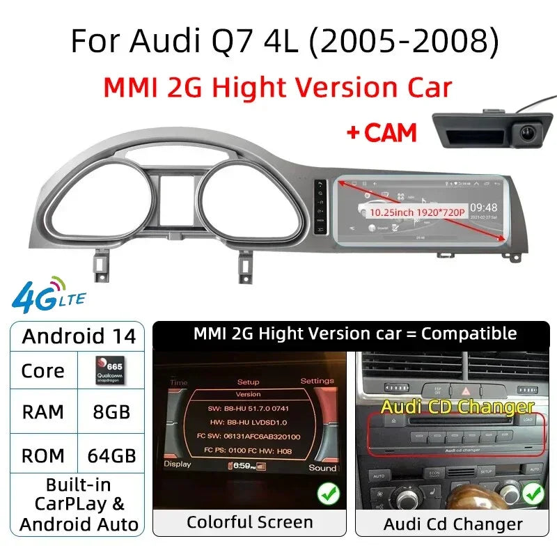 For Audi Q7 4L 2005-2015 MMI Android 14 Wireless CarPlay GPS Car Intelligent Multimedia Player Navigation Auto Radio Stereo DSP