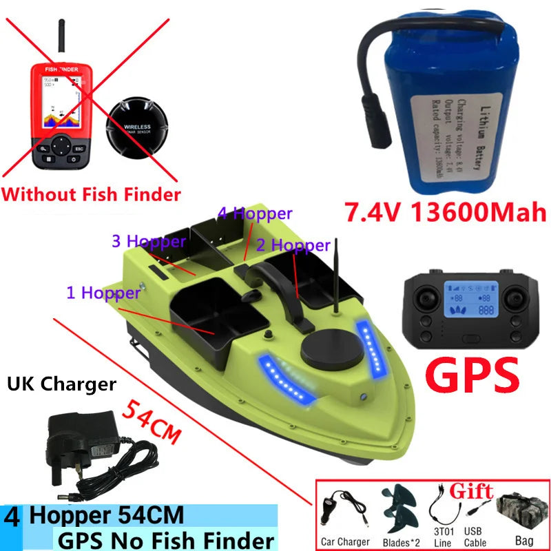 99GPS Smart Cruise Sonar Fish Finder High Speed RC Fishing Boat 4Hopper 600M 3KG Waterproof Lighting Remote Control RC Bait Boat
