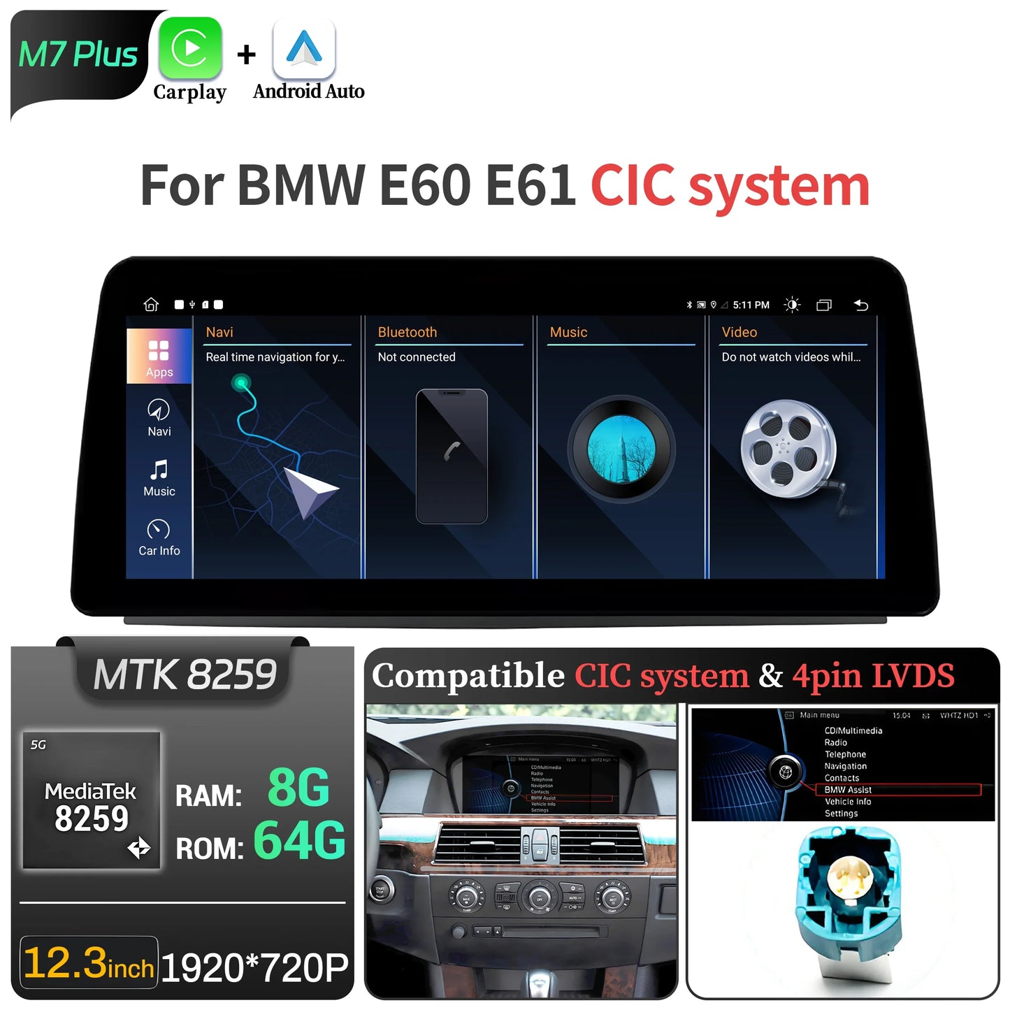 12.3 inch Android 14 For BMW 5 Series E60 E61 2005-2010 Car Radio 4G Wireless BT Carplay Snapdragon 680 Touch Head Unit Screen