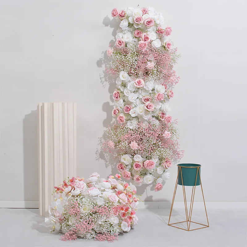 Uflower White Rose Gypsophila Artificial Flower Row Arrangement Wedding Table Centerpieces Floral Ball Window Display Party Prop