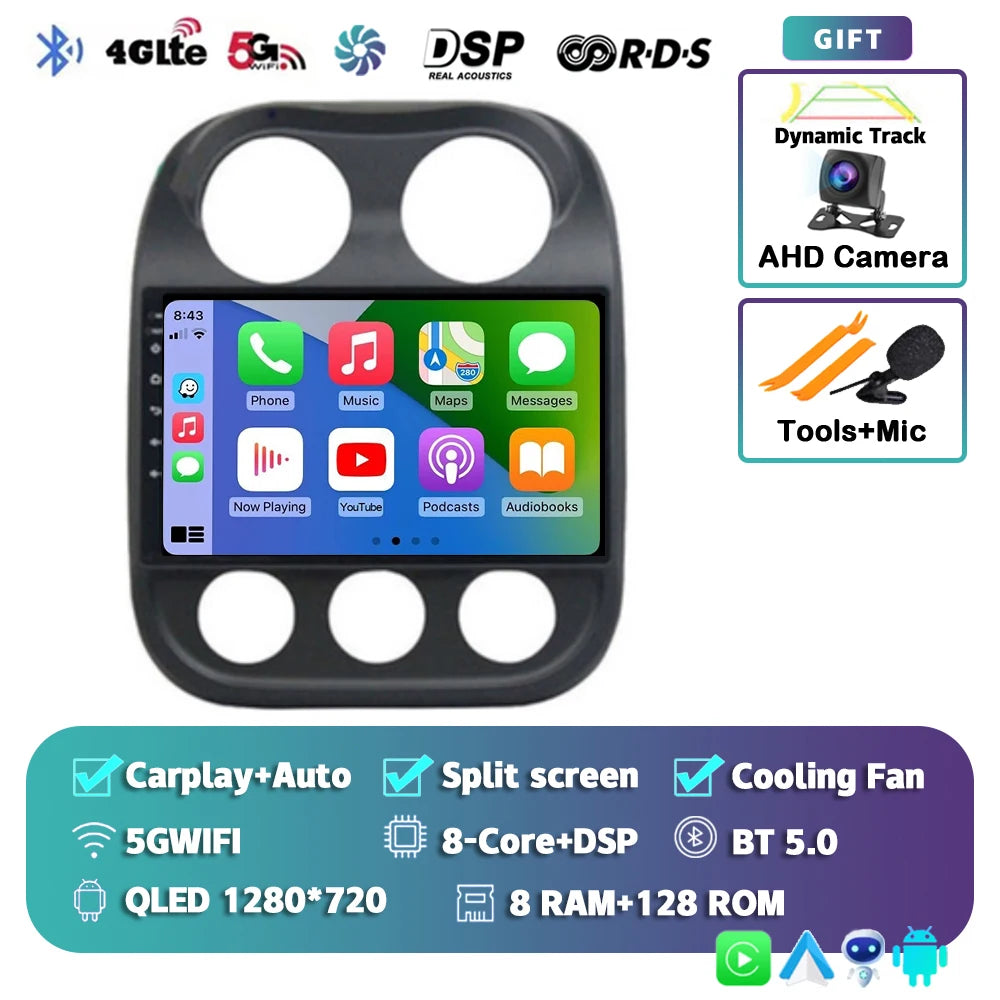Android 14 For Jeep Compass Patriot 2010- 2016 2K QLED Android Car Radio Multimedia Video Player GPS AI Voice CarPlay Head Unit