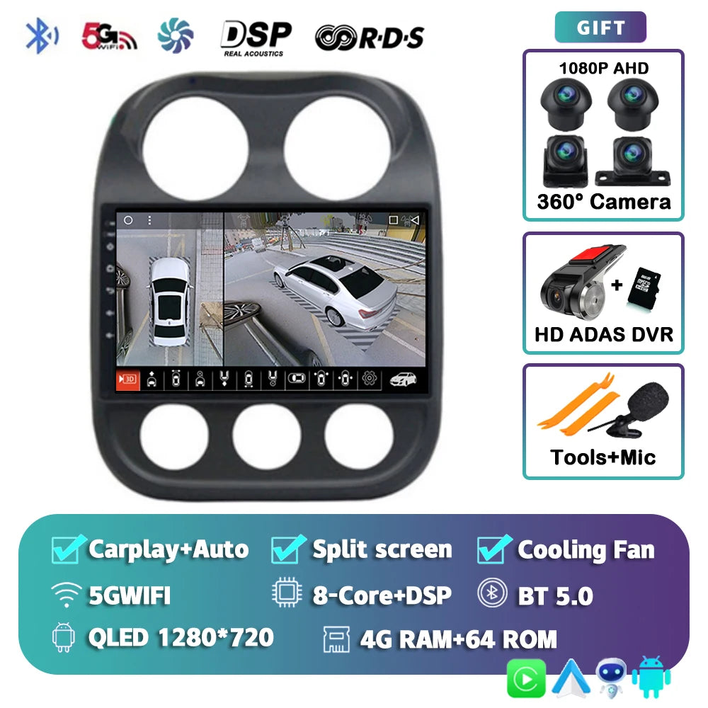 Android 14 For Jeep Compass Patriot 2010- 2016 2K QLED Android Car Radio Multimedia Video Player GPS AI Voice CarPlay Head Unit