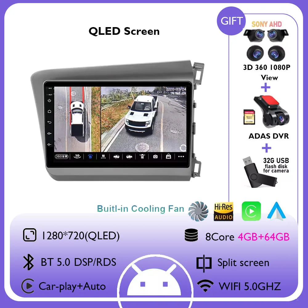 9" Android 14 Car Radio For Honda Civic RHD 2012 2013 2014 2015 Multimedia Player Carplay Auto Stereo GPS Navigation Head Unit