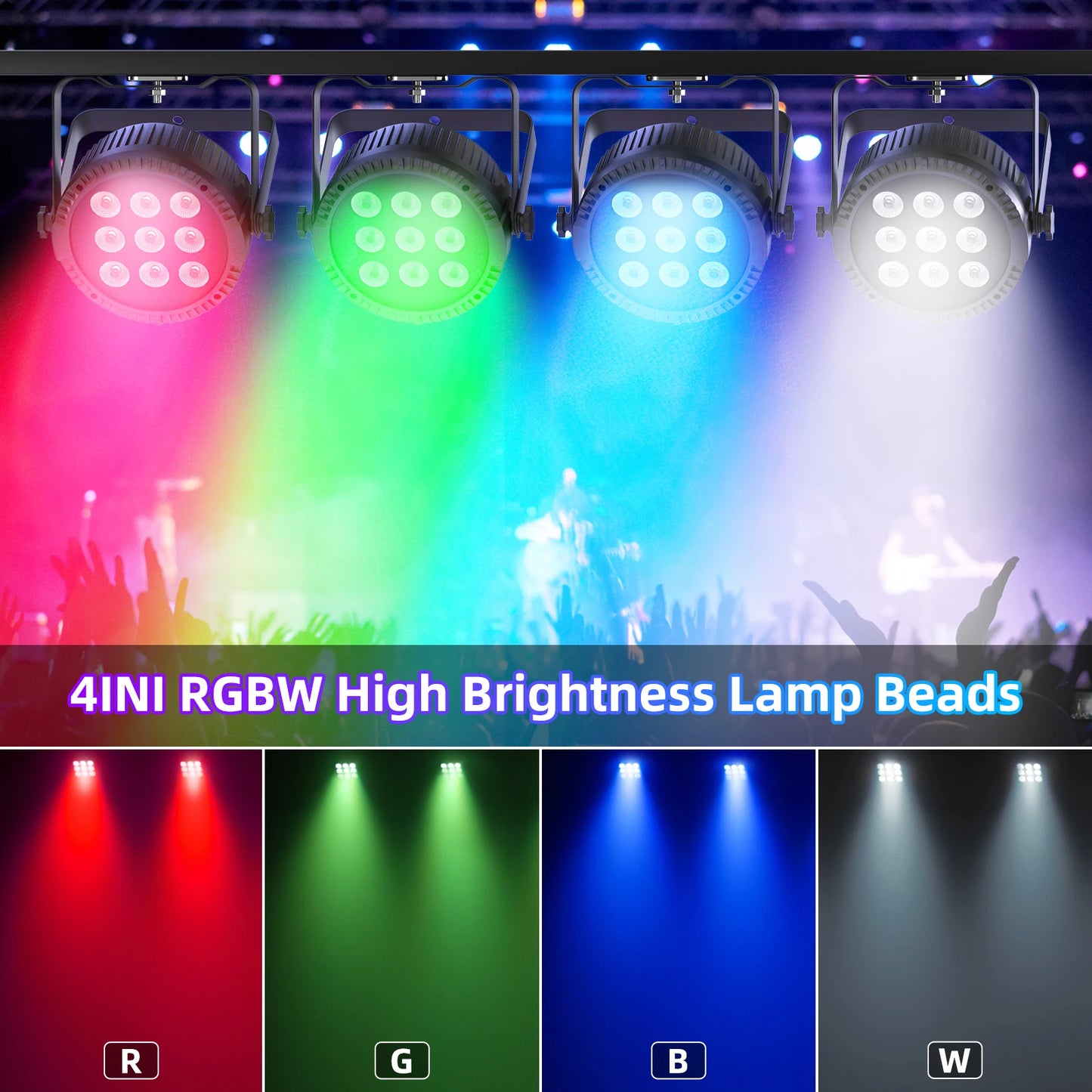 Yiflamefly 4Pcs 4 in 1 RGBW 9 LED Par Light With Remote Control DMX512 Sound Activated Control For DJ Party Halloween Christmas