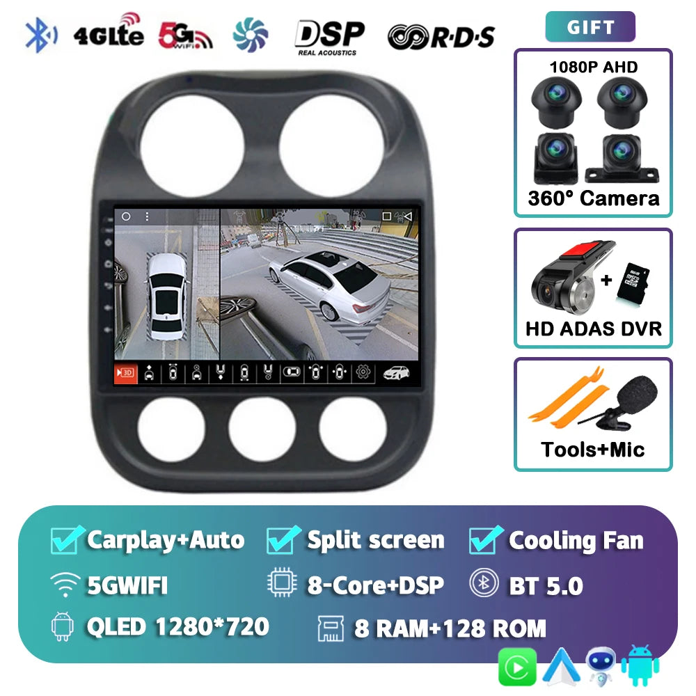Android 14 For Jeep Compass Patriot 2010- 2016 2K QLED Android Car Radio Multimedia Video Player GPS AI Voice CarPlay Head Unit