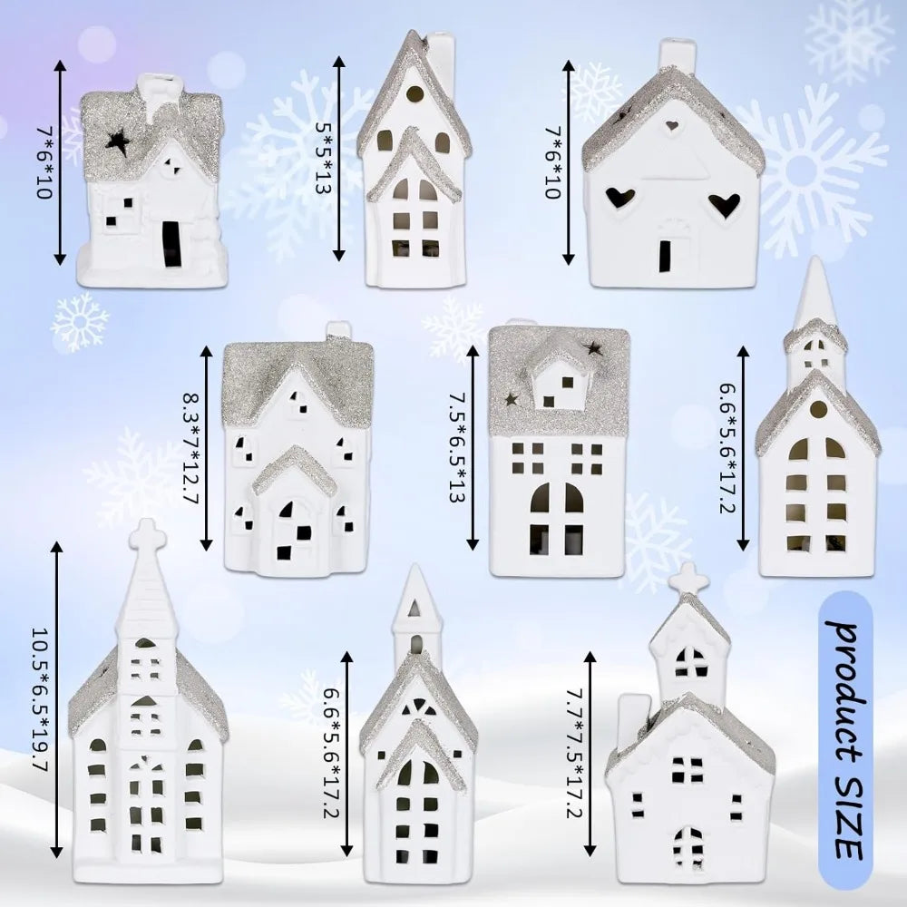 28 Piece Ceramic Christmas Village Set, 9 White Christmas Houses, 17 Snow Trees, 2 Retro Christmas Decorations with Lights