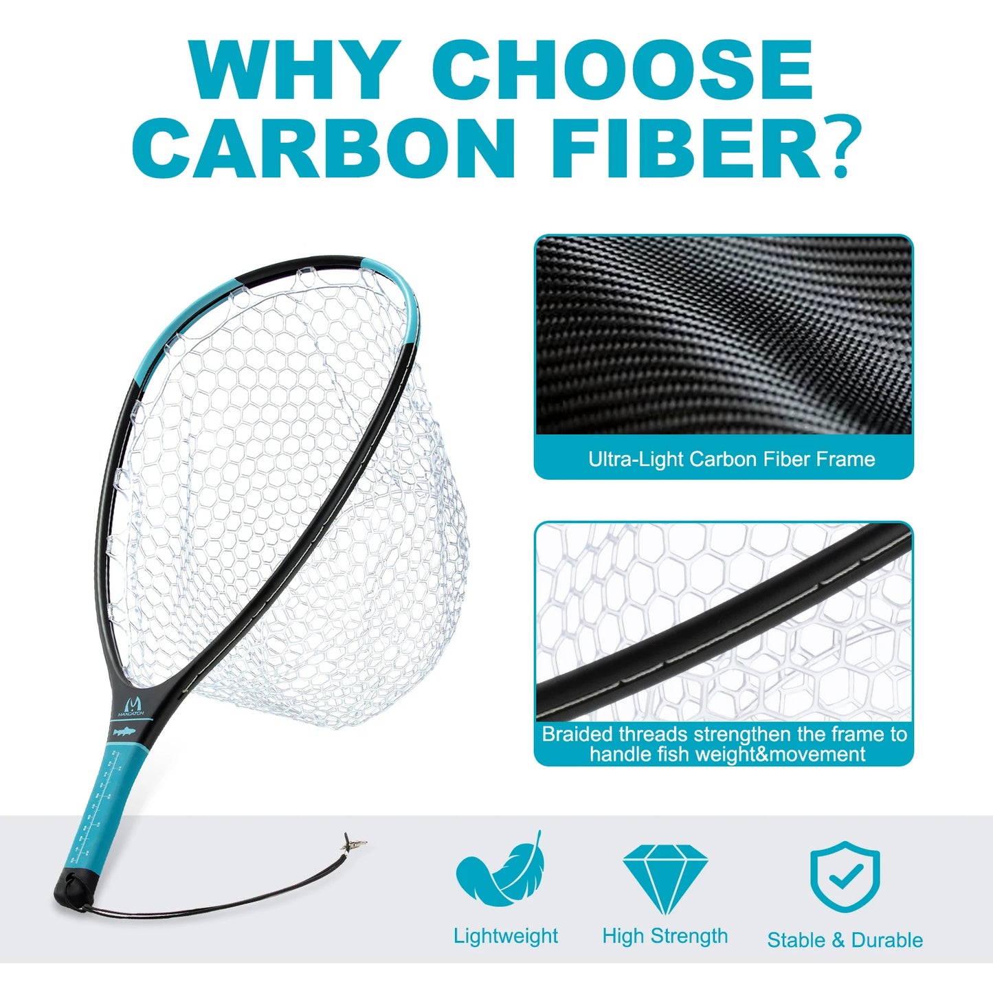 Maximumcatch Fly Fishing Landing Net Solid Carbon Fiber Frame Nomad Hand Strong & Light Clear Rubber Net