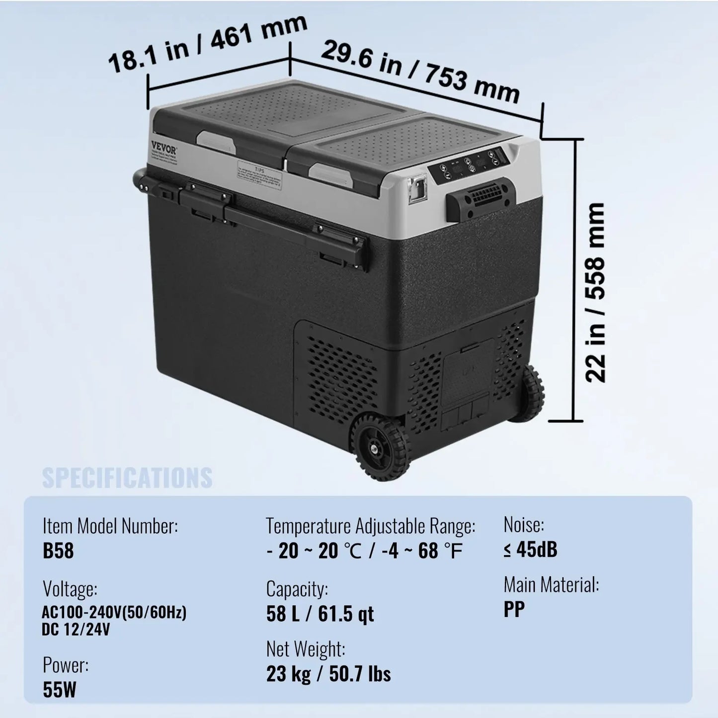 VEVOR 40L/50L/58L Portable Car Refrigerator, 12V Dual Zone Portable Freezer, Compressor Cooler for Outdoor Camping RV Car