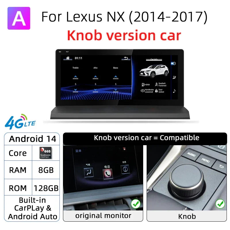 Android 14 8G 128G For Lexus NX NX200 NX200T 300h 2014-2021 Car Radio GPS Navigation Multimedia Player CarPlay Autoradio DSP