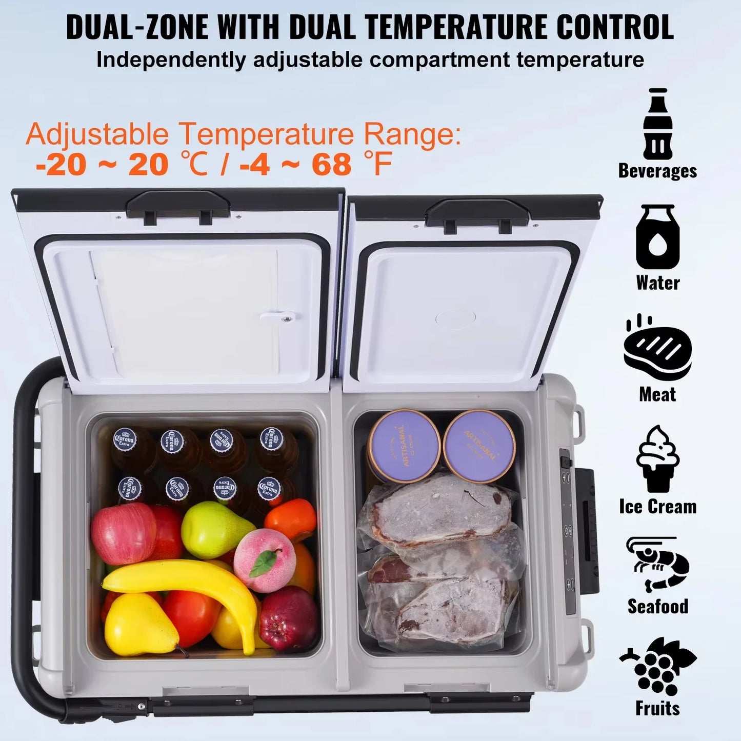 VEVOR 40L/50L/58L Portable Car Refrigerator, 12V Dual Zone Portable Freezer, Compressor Cooler for Outdoor Camping RV Car