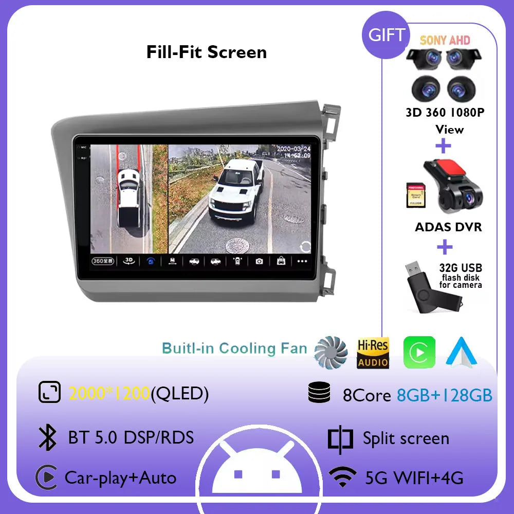 9" Android 14 Car Radio For Honda Civic RHD 2012 2013 2014 2015 Multimedia Player Carplay Auto Stereo GPS Navigation Head Unit