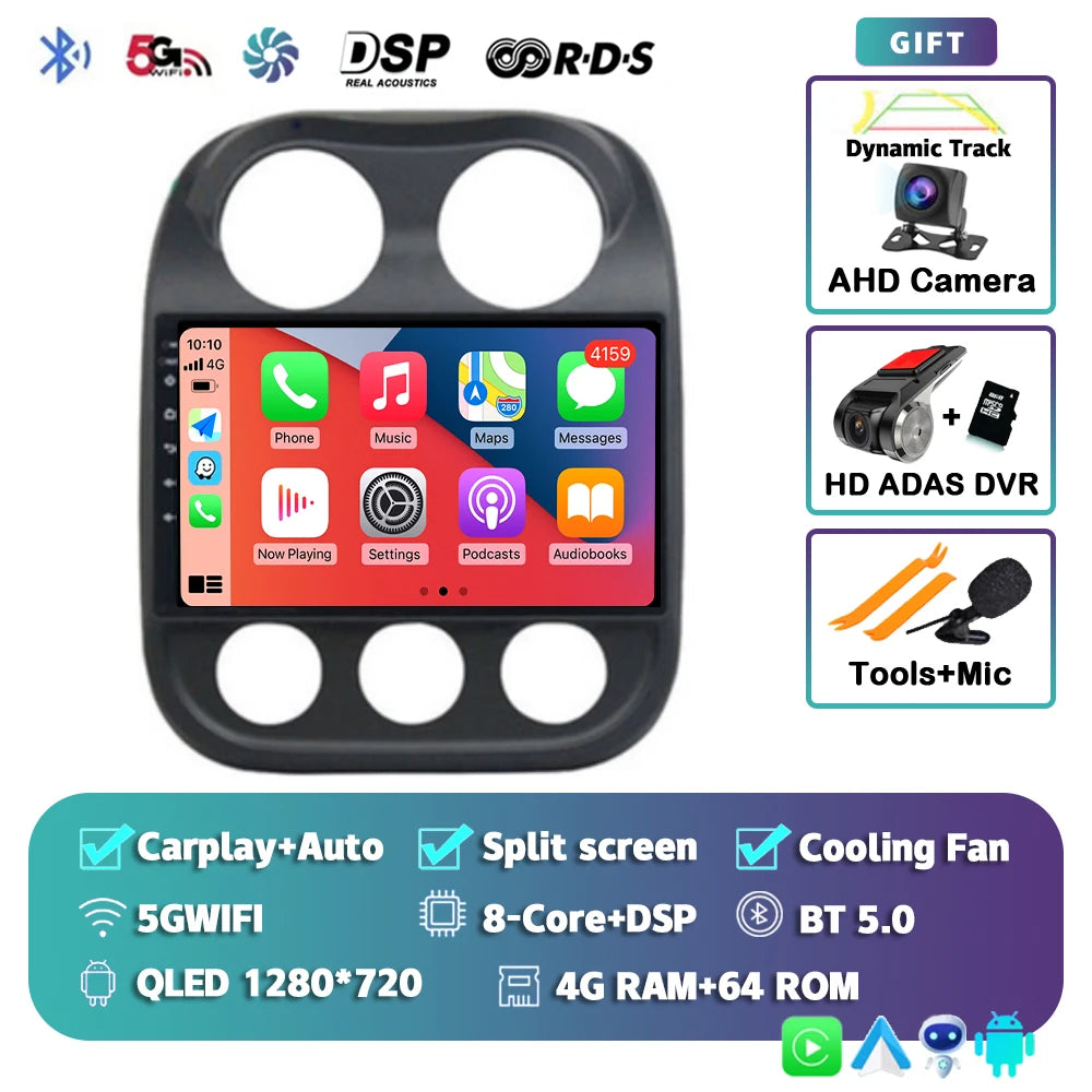 Android 14 For Jeep Compass Patriot 2010- 2016 2K QLED Android Car Radio Multimedia Video Player GPS AI Voice CarPlay Head Unit
