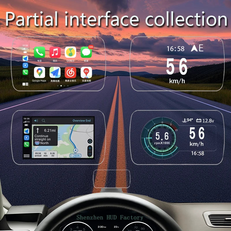 HUD navigator;Split HUD;speedometer,altimeter;Wireless CarPlay/Hicar/Android Auto Screen mirroring;2-3 meters of aerial imaging