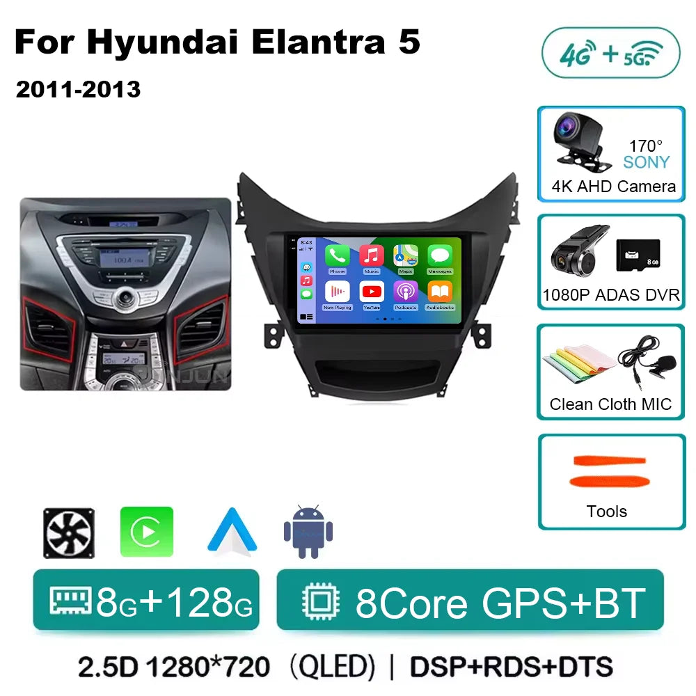 Android 14 Carplay Auto For Hyundai Elantra 5 JK GD MD UD 2011 - 2013 Qualcomm Car Radio Multimedia Video Player Navigation GPS