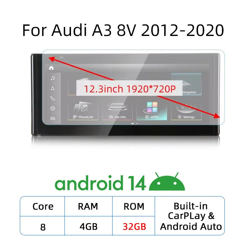 Android 14 Carplay Android Auto Touch Screen For Audi A3 8V 2013-2020 Car Radio Multimedia Player GPS Stereo Navigation DSP WIFI