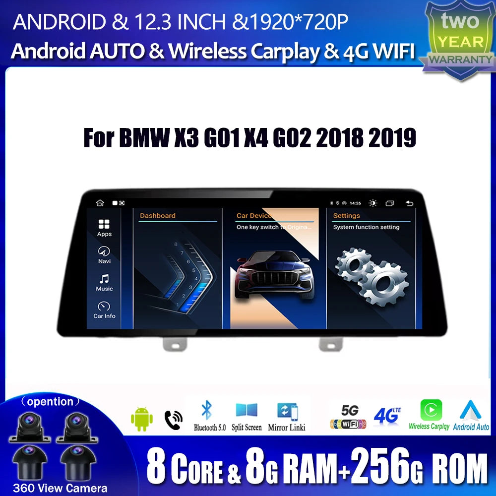 For BMW X3 G01 X4 G02 2018 2019 Car Carplay 12.3 Inch Android Touch Screen Monitor Stereo Speakers Radio Multimedia Player Auto