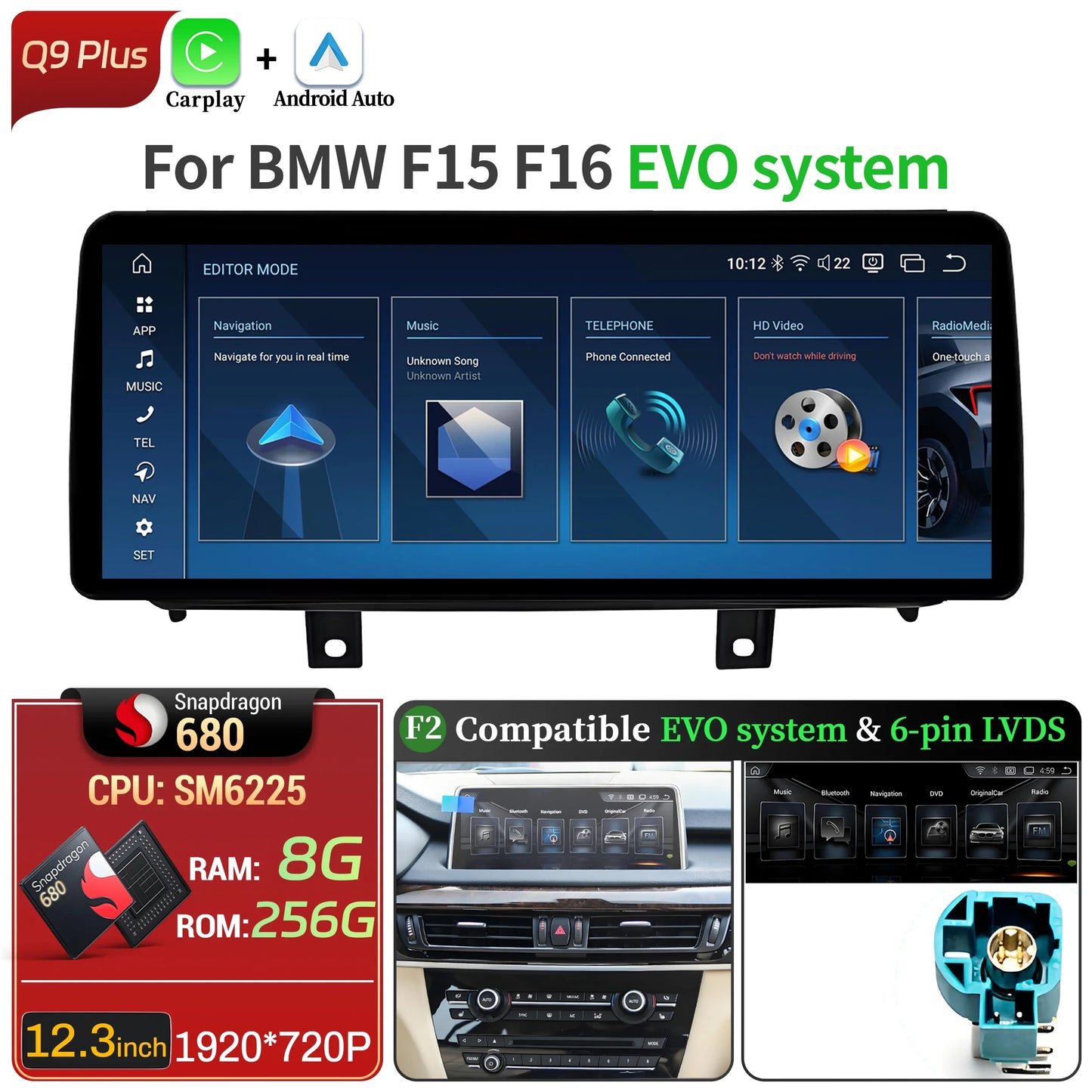 12.3 inch Android 14 For BMW X5 F15 X6 F16 2014-2018 Car Radio Wireless Bluetooth Carplay Head Unit Snapdragon 680 Touch Screen