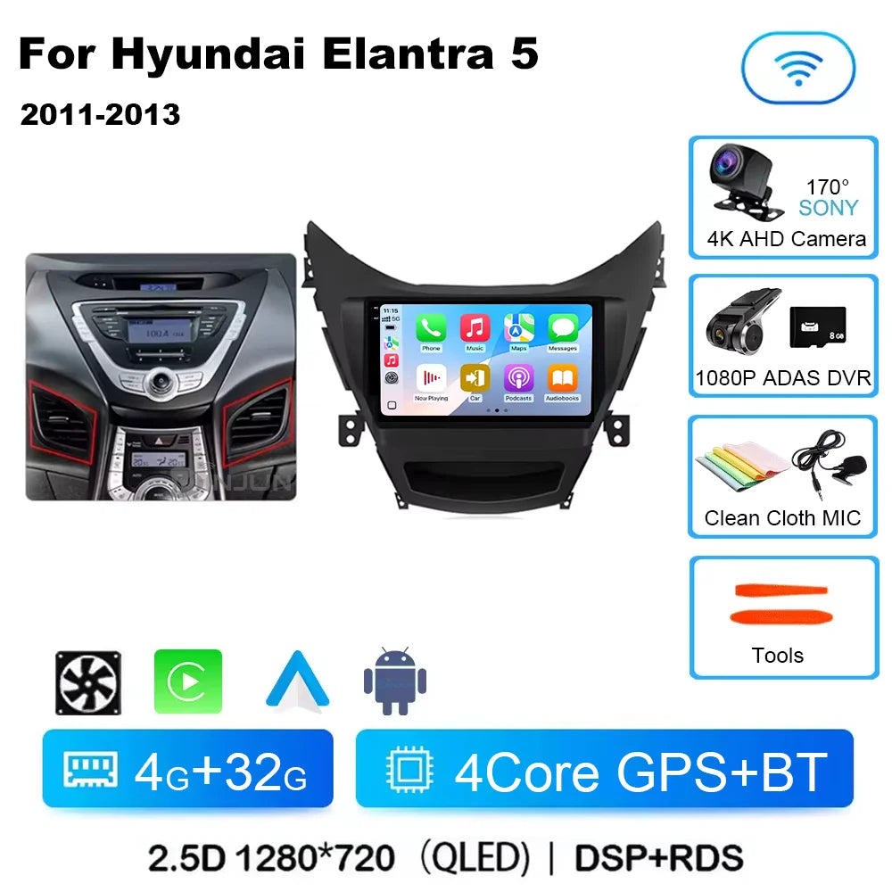 Android 14 Carplay Auto For Hyundai Elantra 5 JK GD MD UD 2011 - 2013 Qualcomm Car Radio Multimedia Video Player Navigation GPS