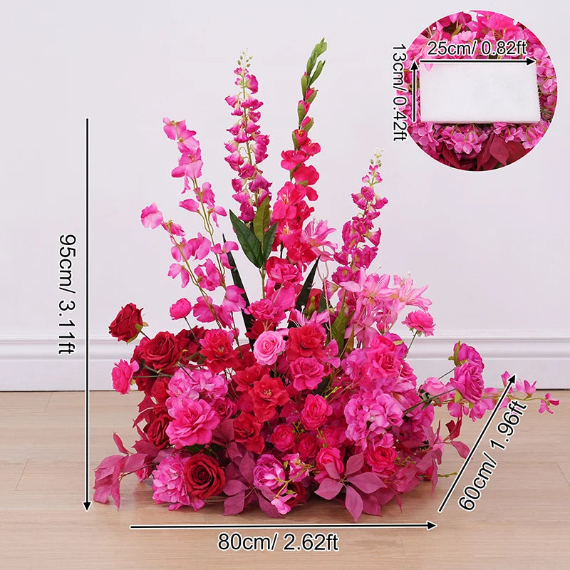Hot Pink Rose Palm Orchid Aisle Floral Arrangement Wedding Backdrop KT Board Decor Hang Flower Row Banquet Window Display H8919