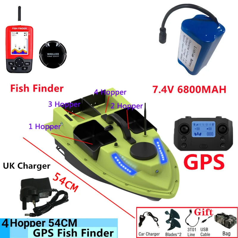 99GPS Smart Cruise Sonar Fish Finder High Speed RC Fishing Boat 4Hopper 600M 3KG Waterproof Lighting Remote Control RC Bait Boat