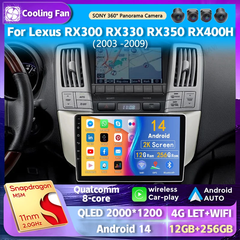 Android 14 wifi+4G Carplay AUTO Car Radio For Lexus RX300 RX330 RX350 RX400H 2003 -2009 Navigation GPS Player Stereo Multimedia
