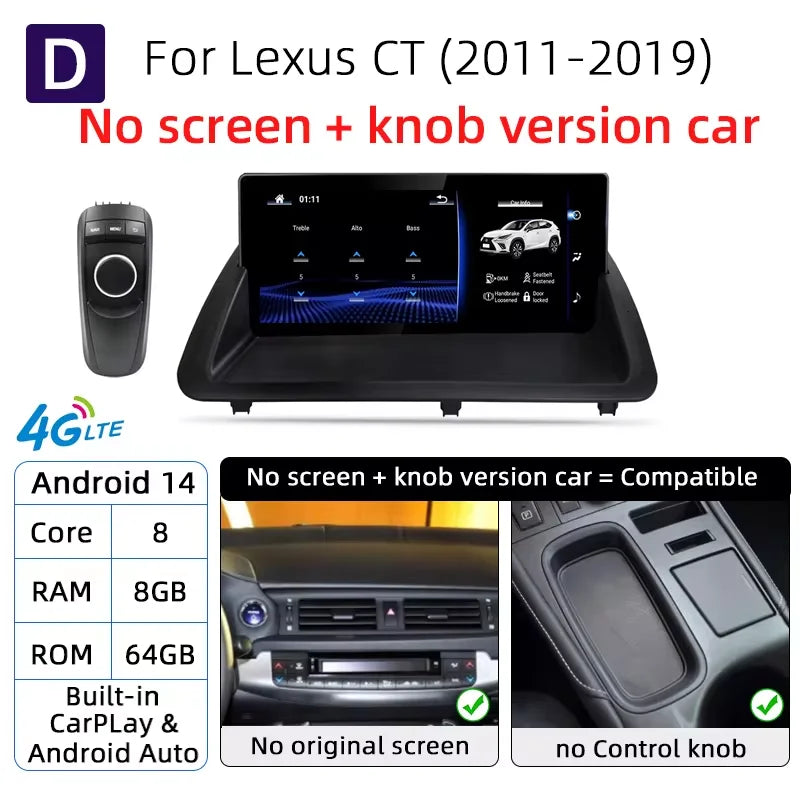 Nunoo Android 14 Car Radio CarPlay Screen For Lexus CT CT200 CT200h 2012-2020 GPS Navigation Snapdragon 8+128G Multimedia Player