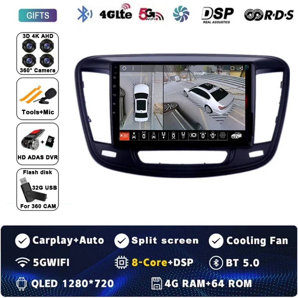 9" Car Raido Carplay Android 14 For Chrysler 200 200C 2015 - 2019 Auto Multimedia Screen Stereo Video Player GPS Navigation WIFI