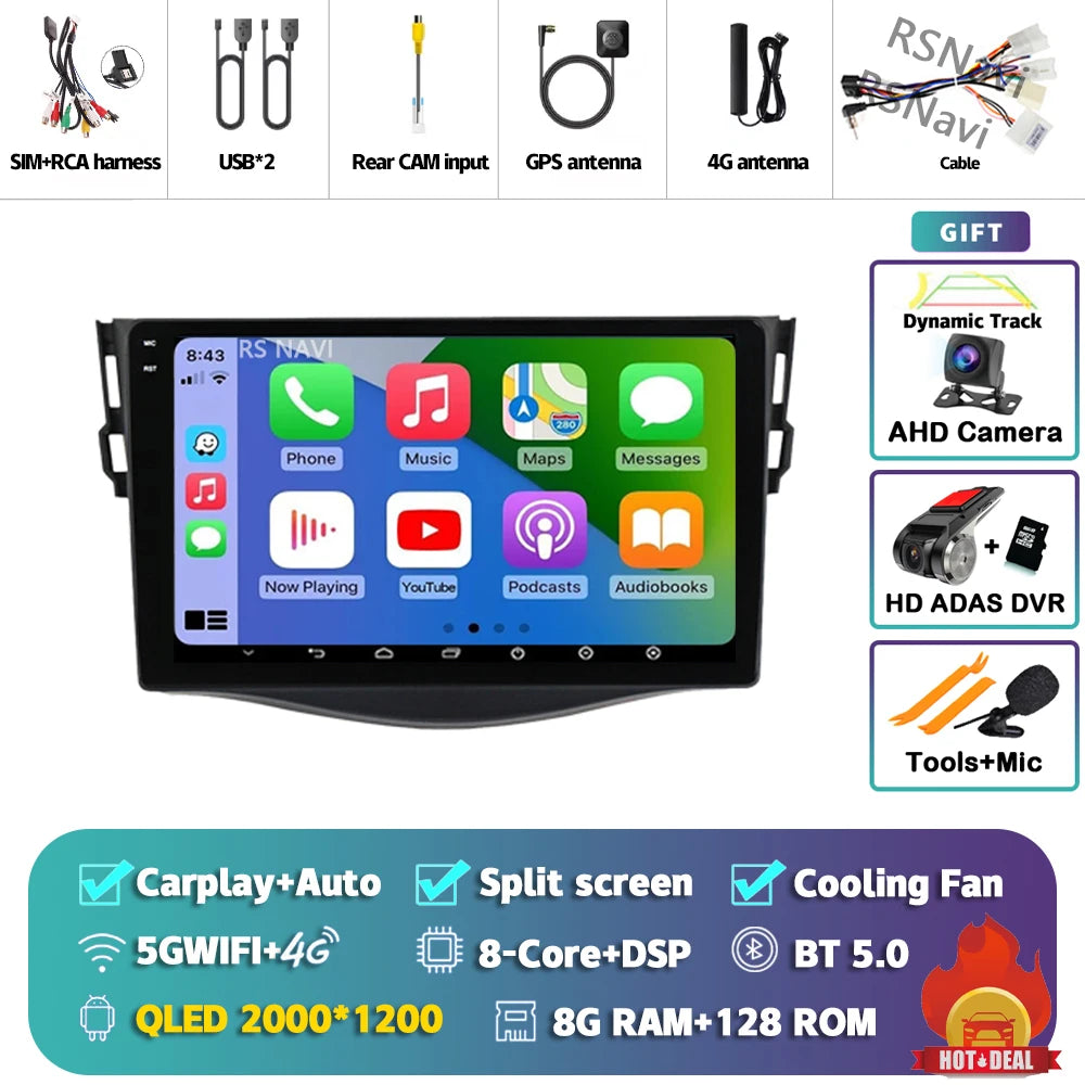 Android 14 Carplay Car Radio Multimedia For Toyota RAV4 Rav 4 2005 - 2013 navigation video DVD Autoradio Stereo 2din 4G+BT GPS