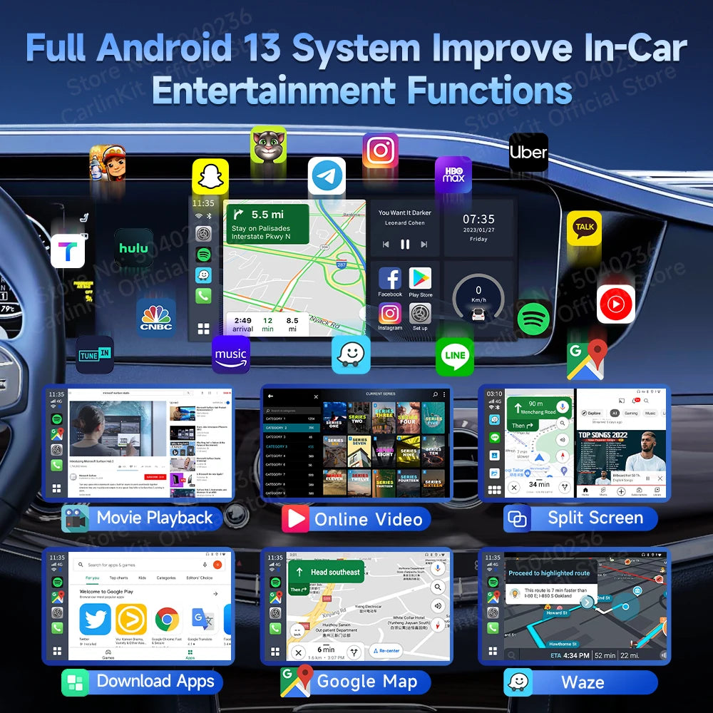 2025 CarlinKit HDMI Video Output Android 13 CarPlay AI Box SM6225 8-Core Android Auto Wireless CarPlay Split Screen Smart TV Box