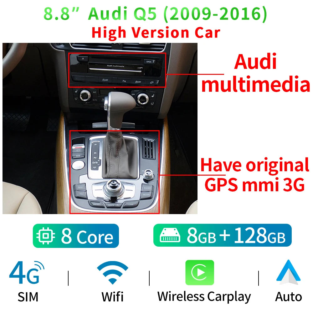8.8 Inch Android 14 Carplay Screen For Audi Q5 2009-2016 BT GPS Navigation Radio WIFI SIM Auto Car Multimedia Stereo