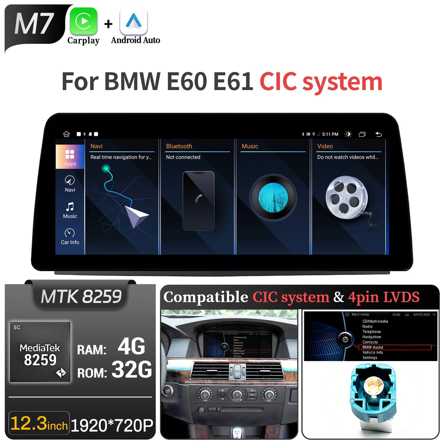 12.3 inch Android 14 For BMW 5 Series E60 E61 2005-2010 Car Radio 4G Wireless BT Carplay Snapdragon 680 Touch Head Unit Screen