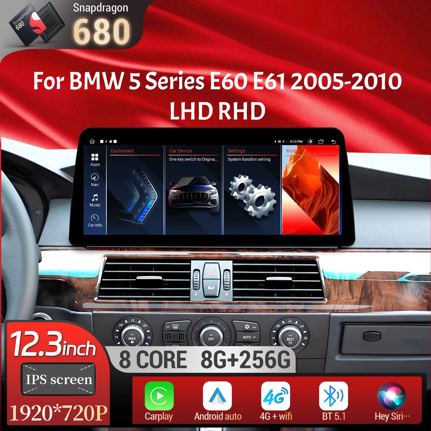 12.3 inch Android 14 For BMW 5 Series E60 E61 2005-2010 Car Radio 4G Wireless BT Carplay Snapdragon 680 Touch Head Unit Screen
