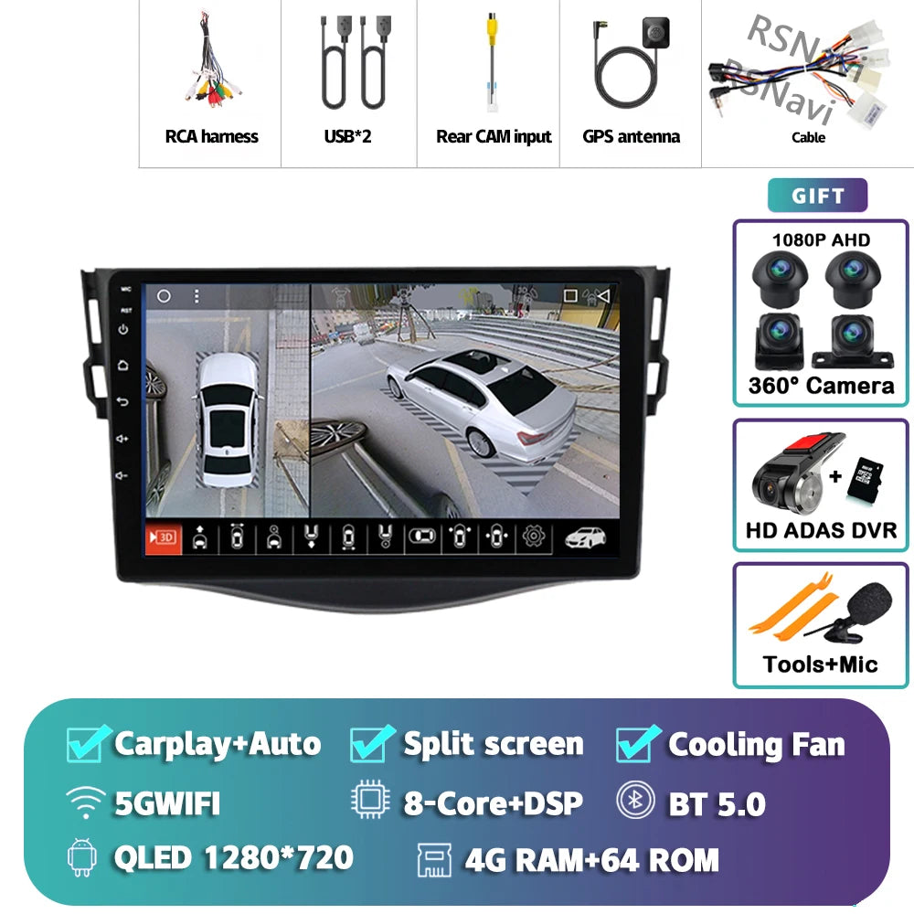 Android 14 Carplay Car Radio Multimedia For Toyota RAV4 Rav 4 2005 - 2013 navigation video DVD Autoradio Stereo 2din 4G+BT GPS