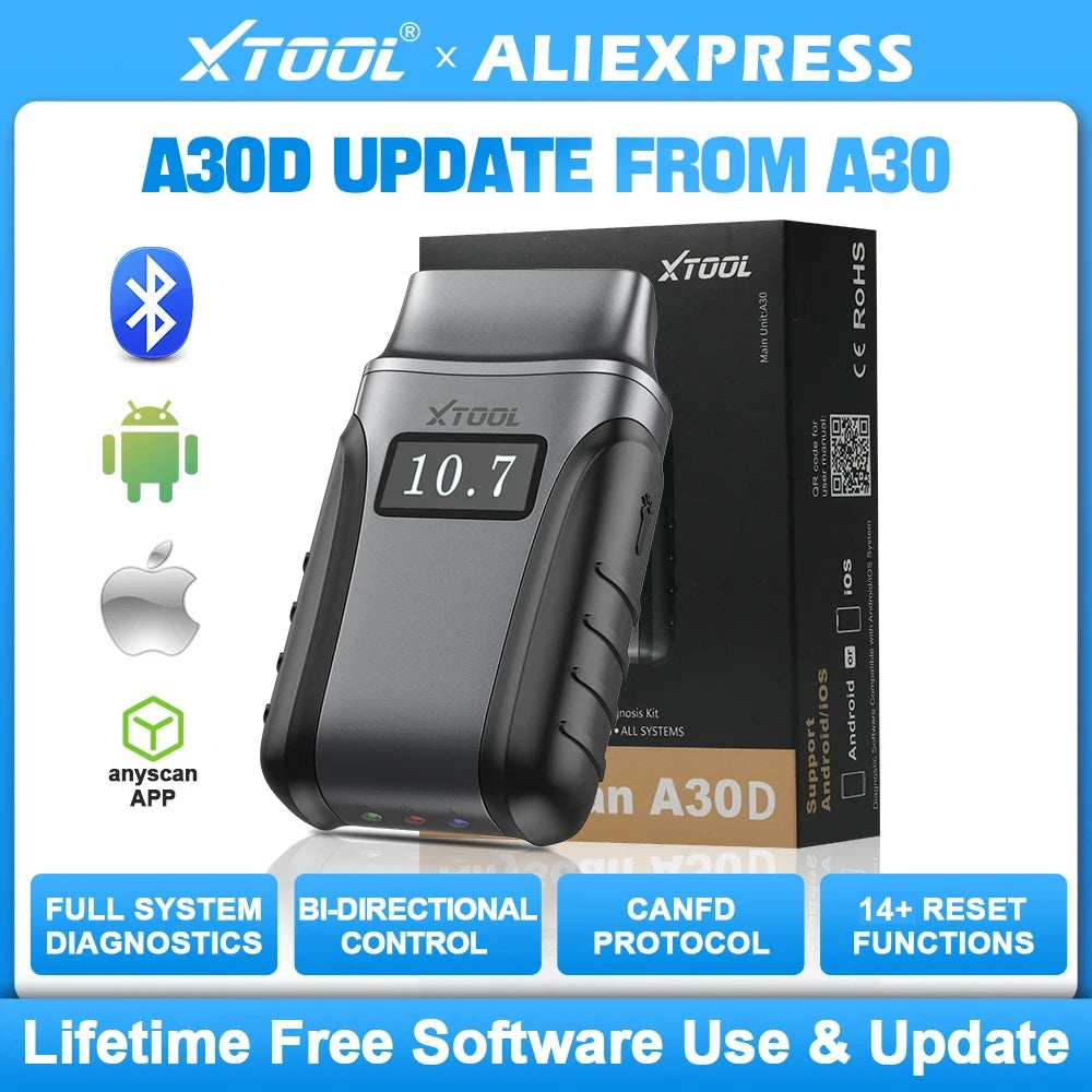 XTOOL Anyscan A30D BT OBD2 Scanner Full System 16+ Service Bidirectional Scan Tools Lifetime Free Update CAN FD FCA Andriod IOS