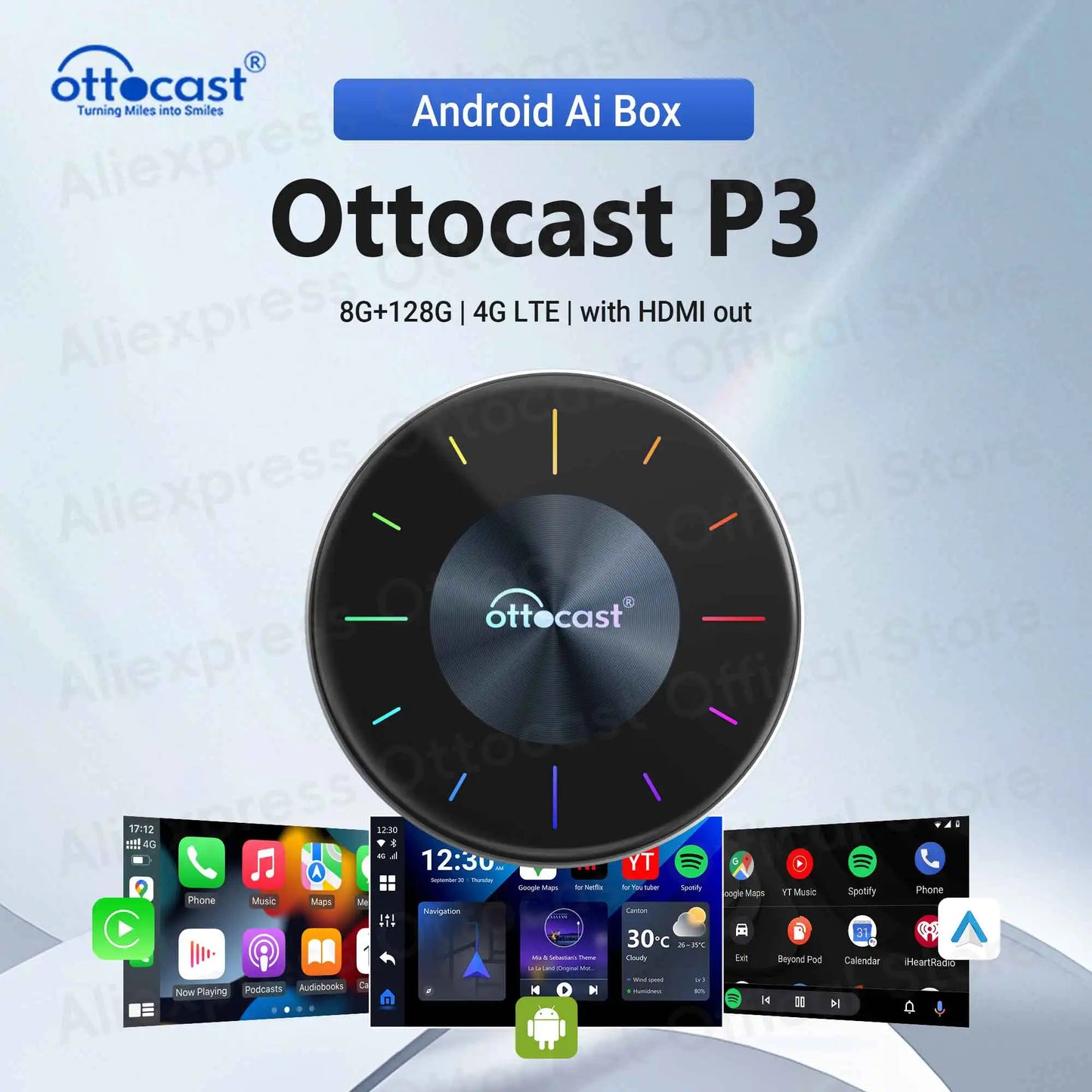 OTTOCAST P3 Android AI Box Wireless CarPlay Android Auto 128GB TV Box for HDMI Output Car Accessories for Audi VW Chervolet Kia