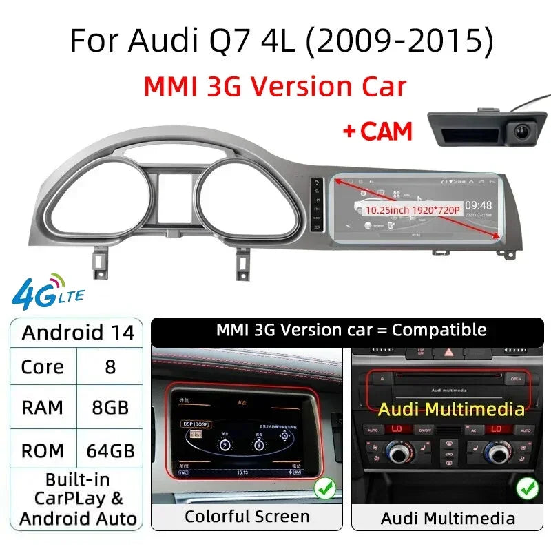 For Audi Q7 4L 2005-2015 MMI Android 14 Wireless CarPlay GPS Car Intelligent Multimedia Player Navigation Auto Radio Stereo DSP