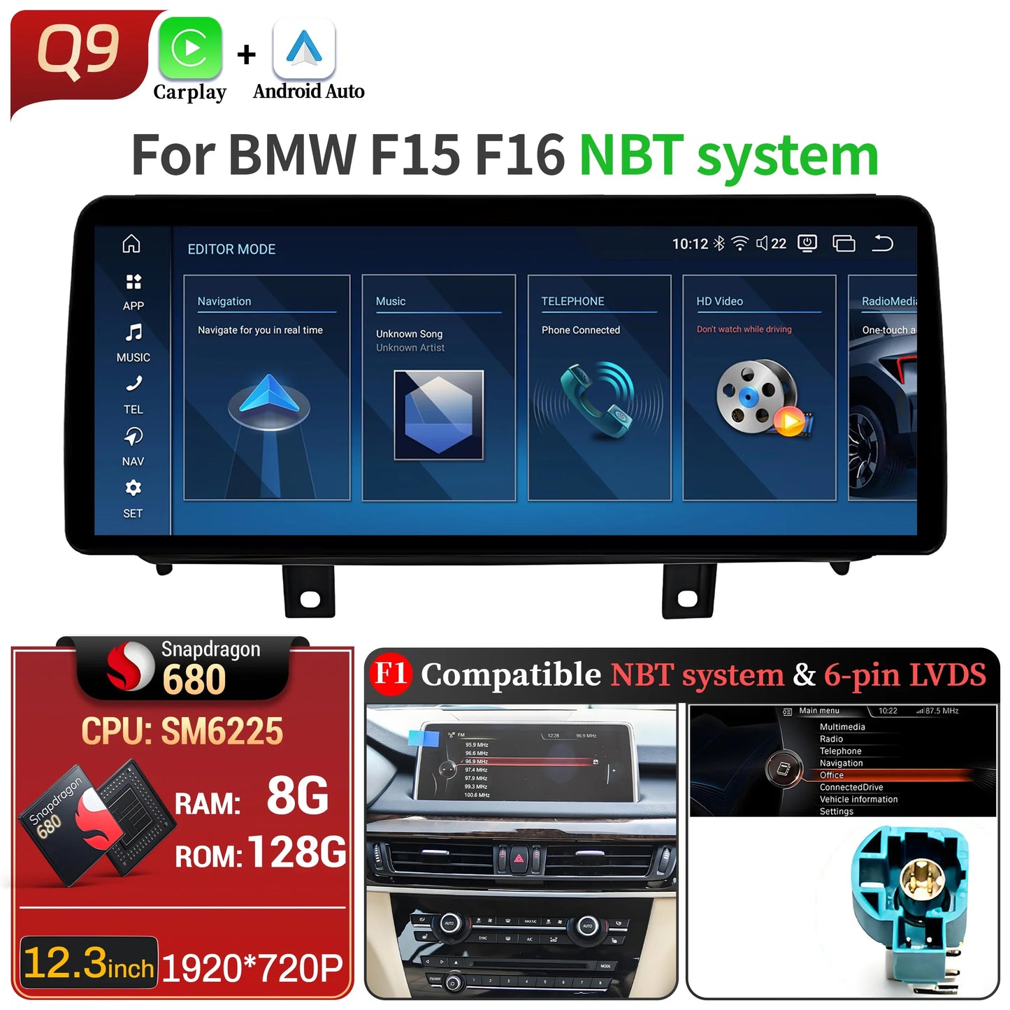 12.3 inch Android 14 For BMW X5 F15 X6 F16 2014-2018 Car Radio Wireless Bluetooth Carplay Head Unit Snapdragon 680 Touch Screen
