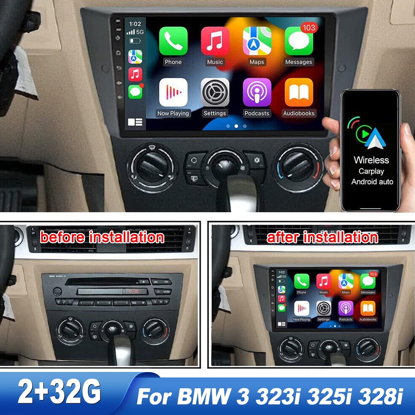 BMW Zcargel For BMW 3 Series 325i 328i 335i 323i 330i 2005-2011 Radio, Android 12 Car Stereo Radio 9'' Touch Screen Car Audio with GPS Navigation Bluetooth Head Unit Supports Backup Camera WiFi FM Canbus