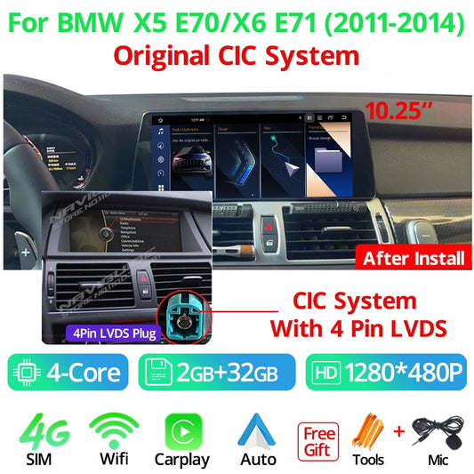 BMW     10.25''  Android 12 Carplay Radio For BMW X5 E70 X6 E71 2008-2013 CCC CIC  Head Unit Display Screen Multimedia Player